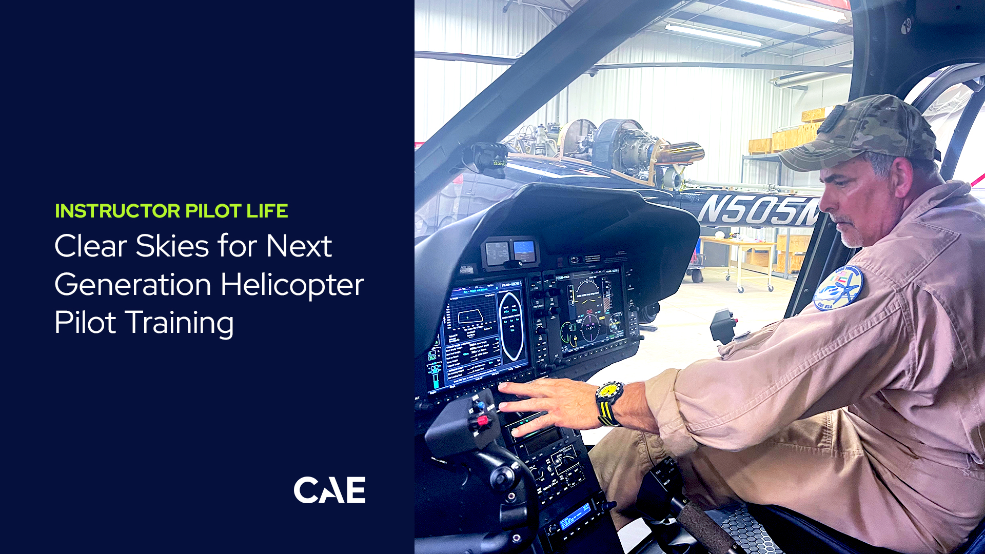 Matt Johnson. Helicopter Division Chief Pilot at the CAE Dothan Training Center prepares a Bell 505 Jet Ranger X cockpit for flight.