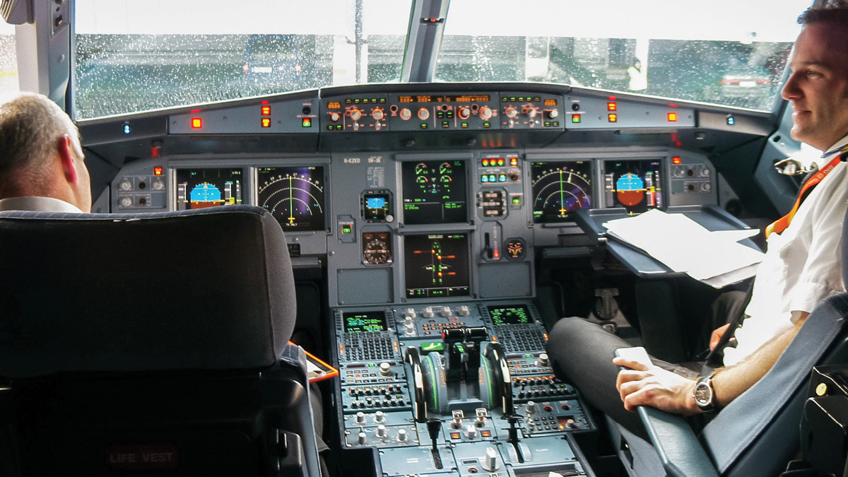 Two pilots sitting in an Airbus319 cockpit